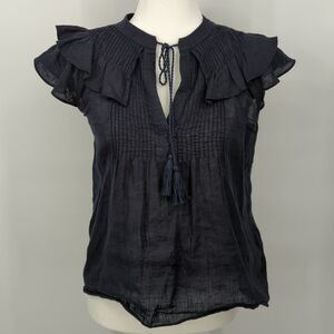 Elie Tahari Navy Blue 100% Linen V-Neck Boho Blouse Flutter Sleeves XS